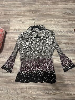 Black & White Patterned Women's Collared Top with Purple Accent